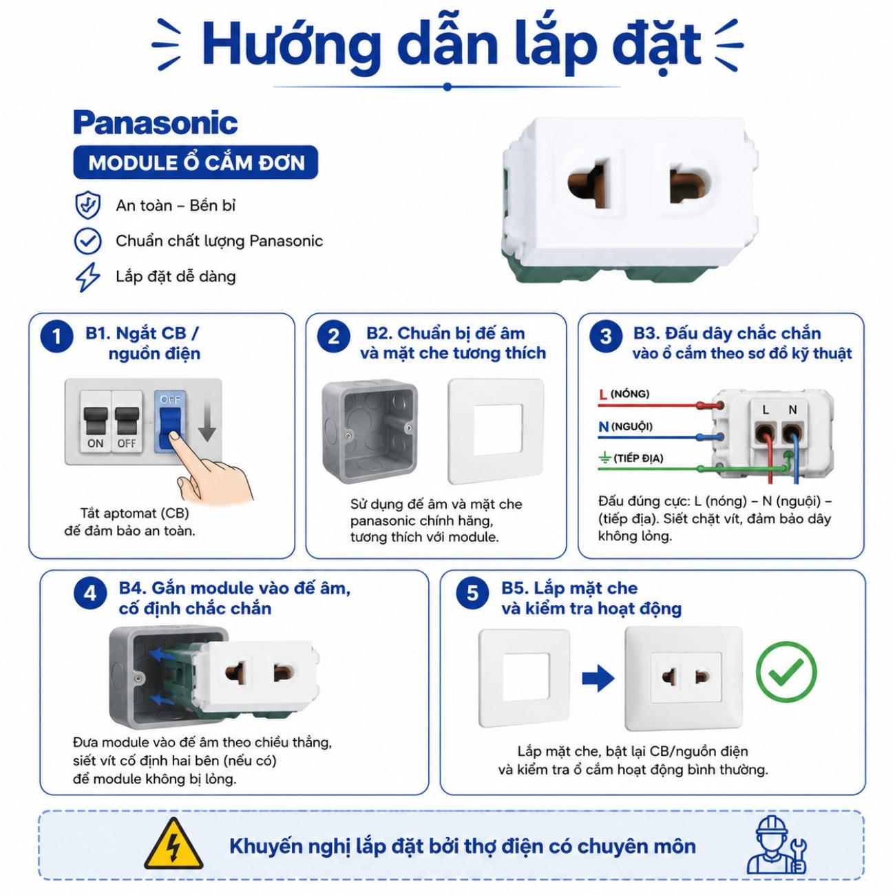 Ổ cắm đơn Panasonic không màn che 250VAC-16A